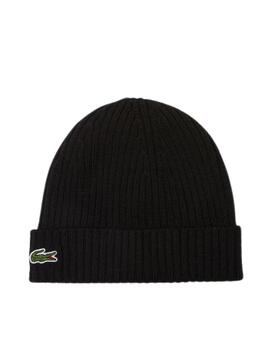 Gorro Lacoste de canalé de lana cepillada unisex negro