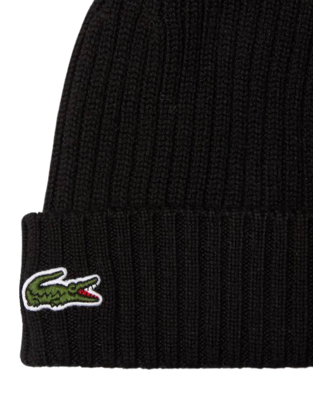 Gorro Lacoste de canalé de lana cepillada unisex negro